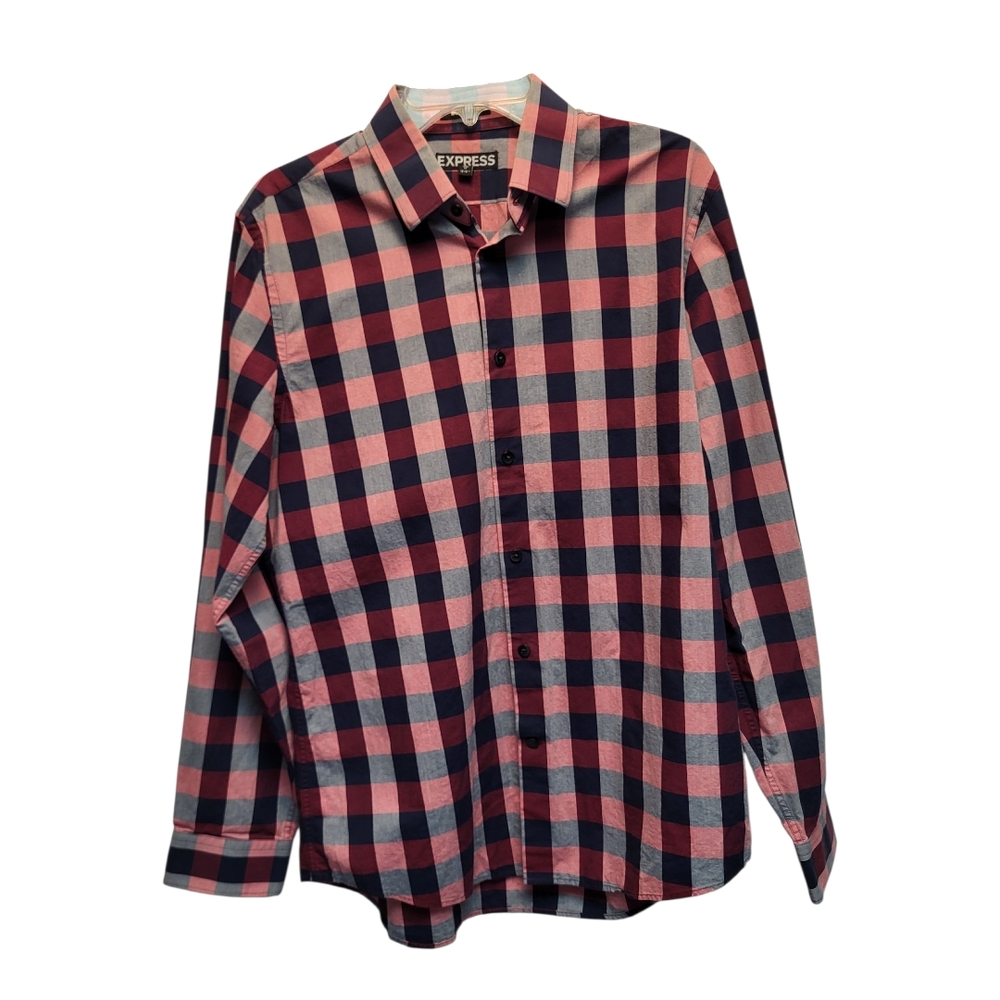Express Men's Modern Fit Pink and Blue Checkered Button-Down Dress Shirt-Size M